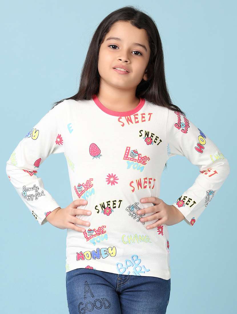 girls white printed long sleeve tee