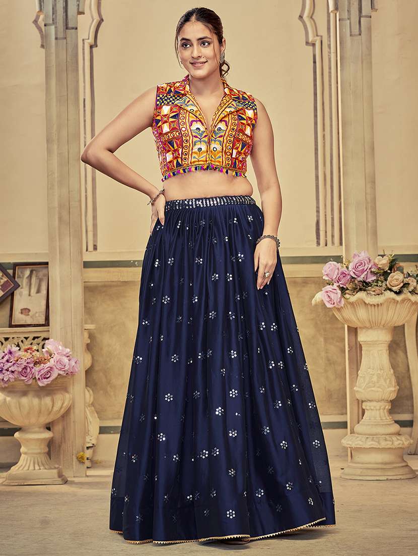 women navy blue flared lehenga