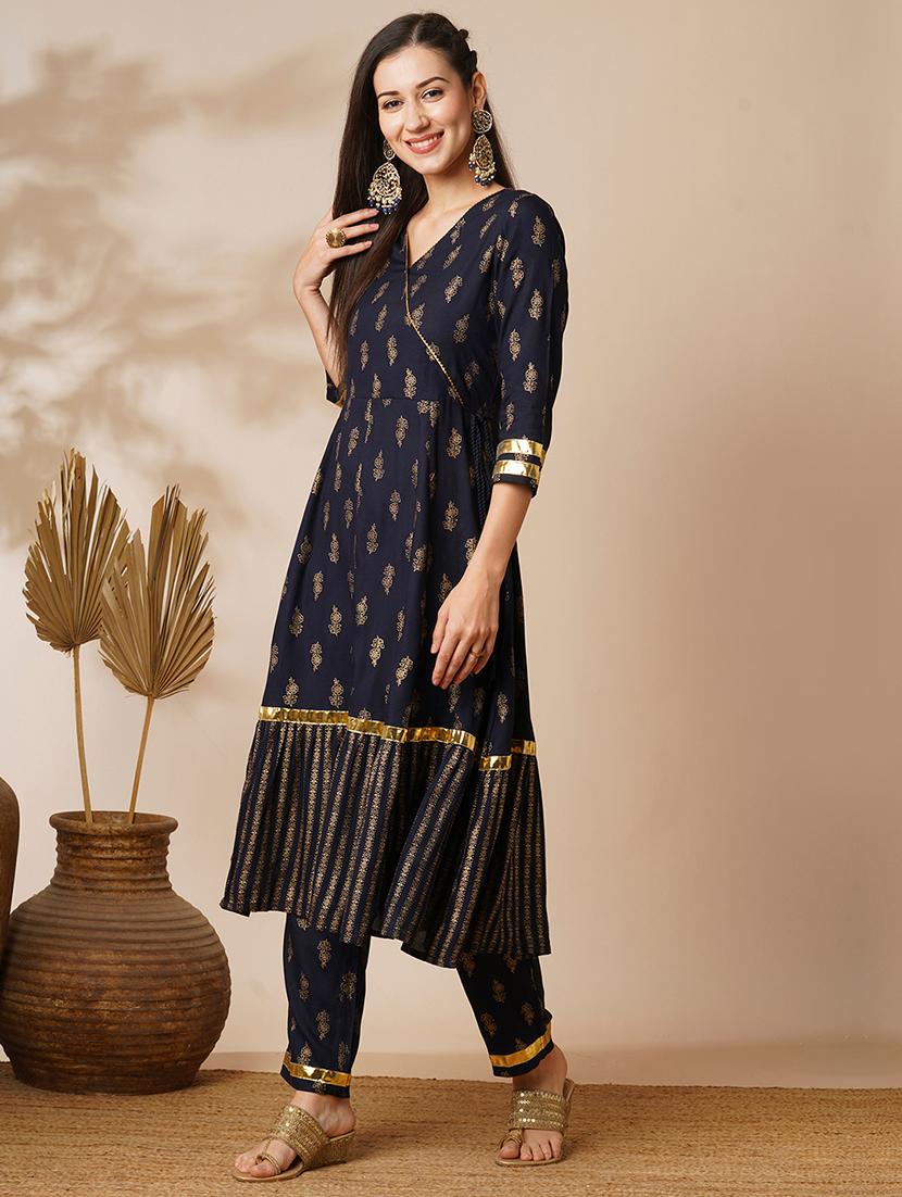 globus women navy v-neck floral printed gotta lace angrakha anarkali kurta with elasticated pants festive set - 21536816 - Standard Image - 1