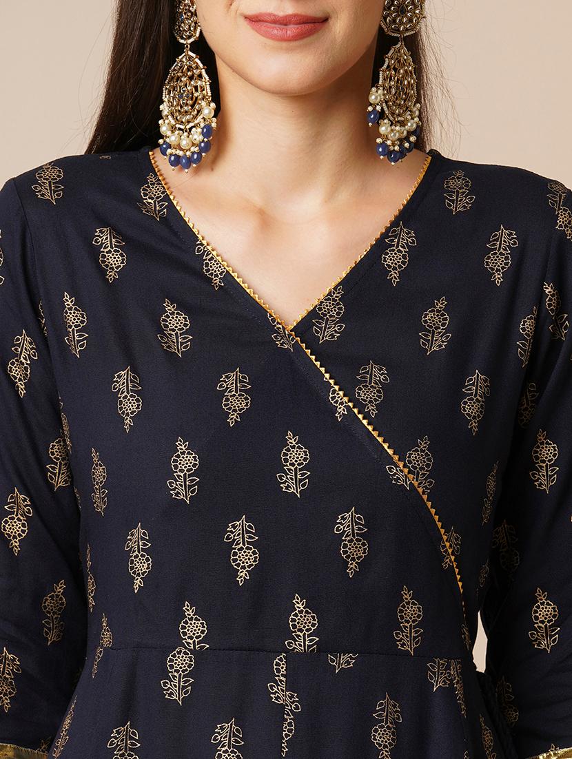 globus women navy v-neck floral printed gotta lace angrakha anarkali kurta with elasticated pants festive set - 21536816 - Standard Image - 4