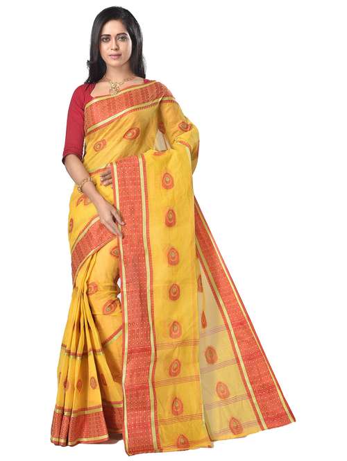 yellow self design handloom saree - 21537200 - Standard Image - 0