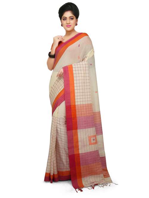 beige checkered handloom saree - 21537232 - Standard Image - 0