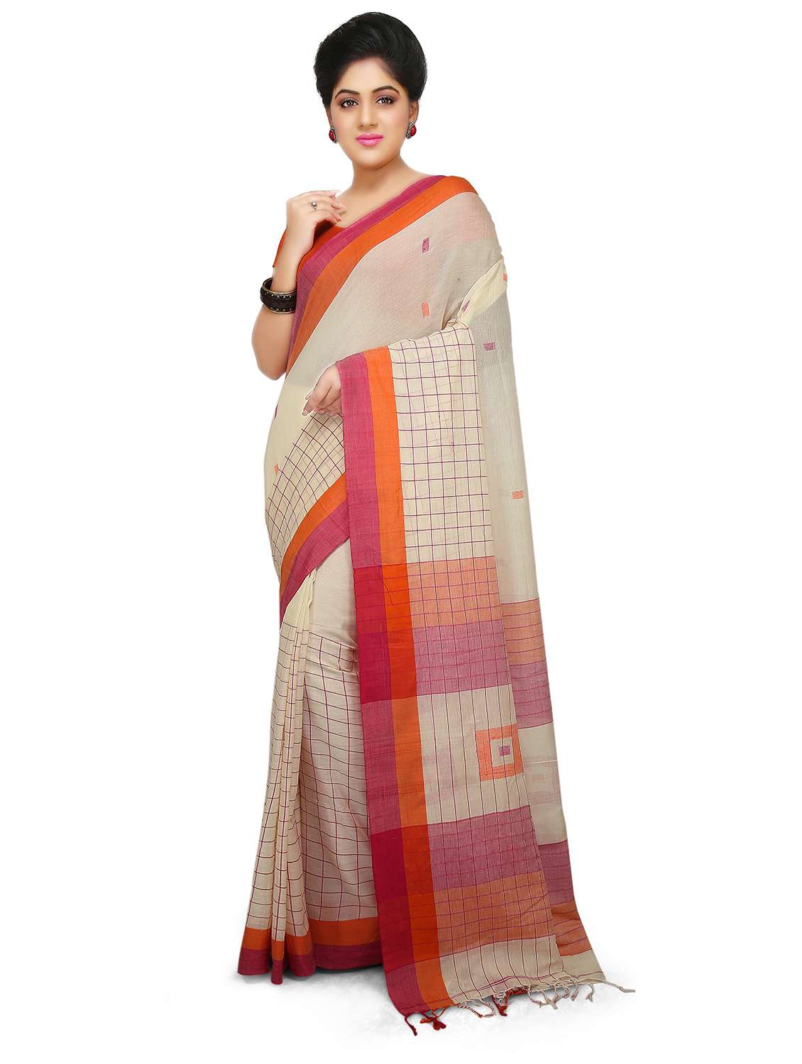 beige checkered handloom saree - 21537232 - Zoom Image - 0