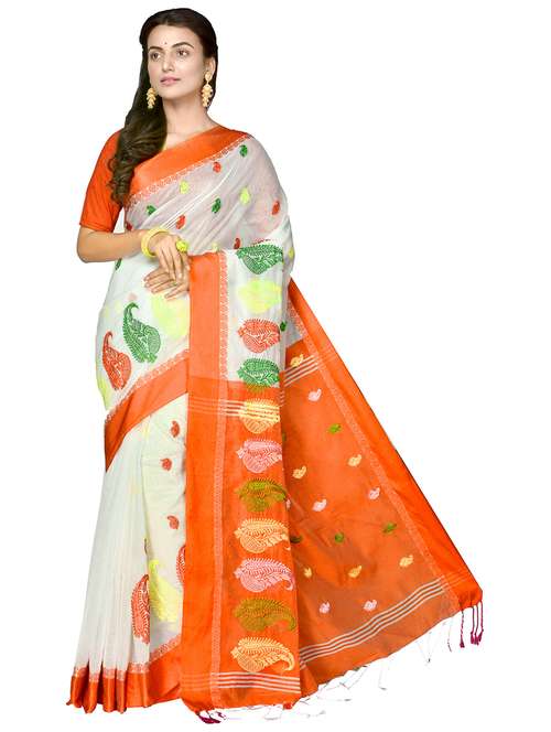 women orange self design handloom saree - 21537320 - Standard Image - 0