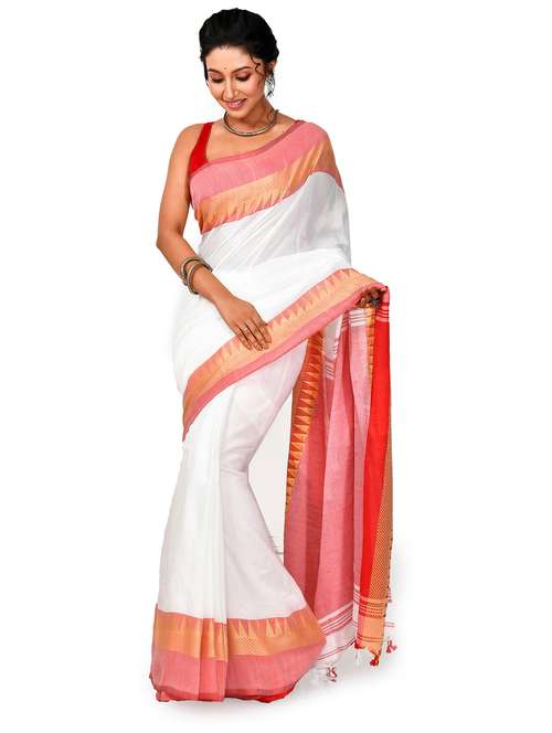 women solid with bordered handloom saree - 21537340 -  Standard Image - 0