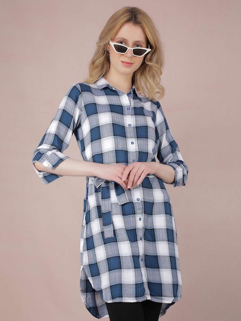 women checkered high low shirt