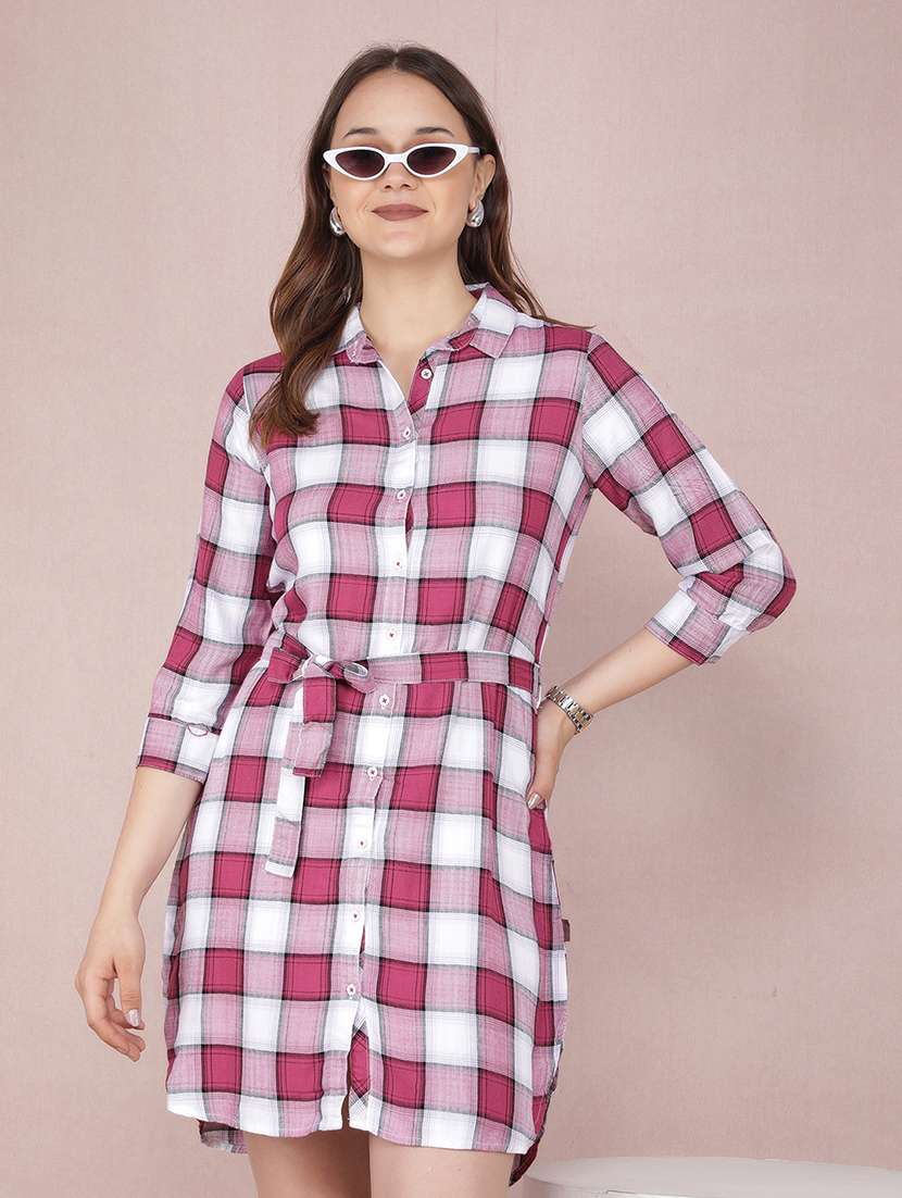 women checked printed collared shirt dress