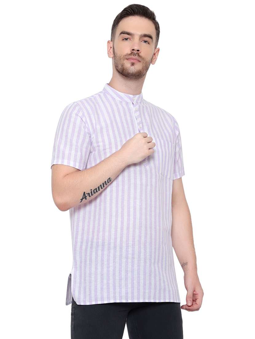 men striped mandarin neck short sleeve short kurta - 21537940 -  Standard Image - 1