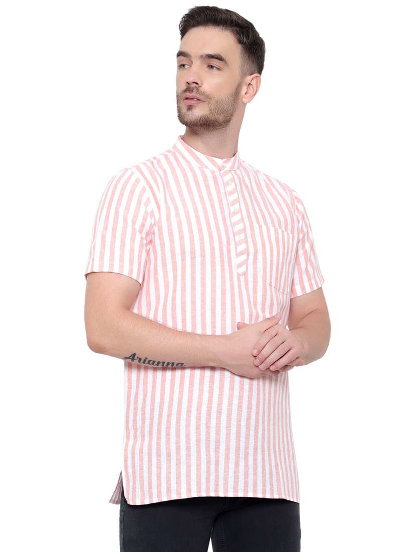 men striped mandarin neck short sleeve short kurta - 21537941 -  Standard Image - 1