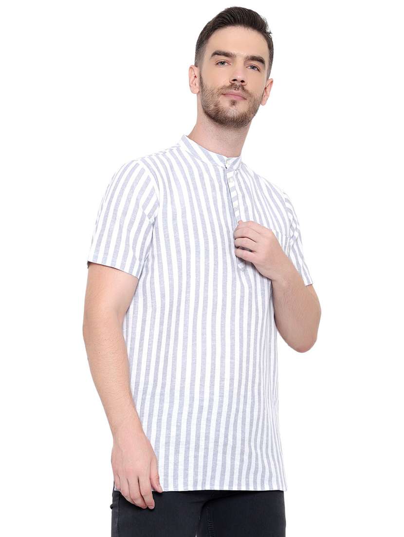 men striped mandarin neck short sleeve short kurta - 21537942 - Standard Image - 1