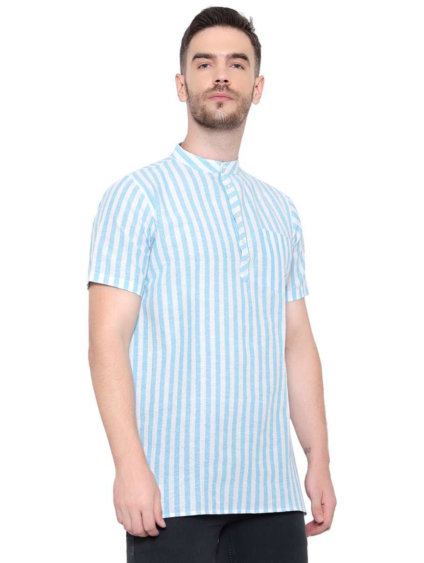 men striped mandarin neck short sleeve short kurta - 21537944 -  Standard Image - 1