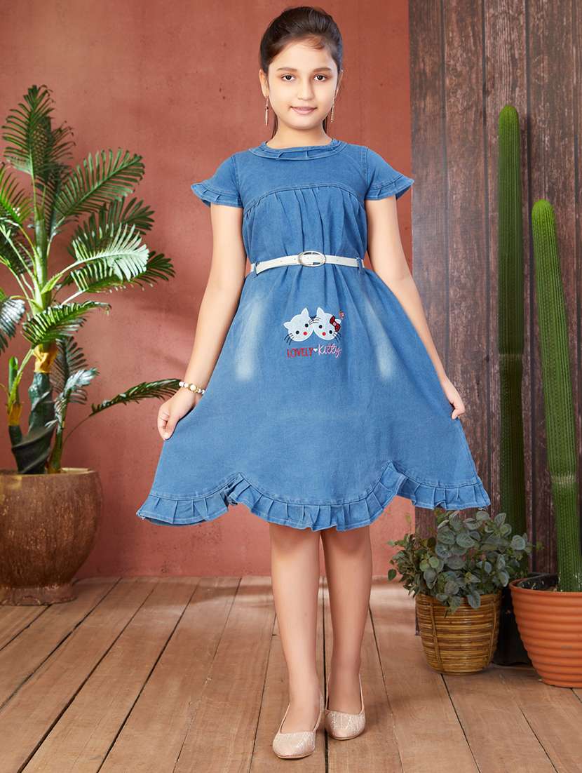girls solid round neck denim frock