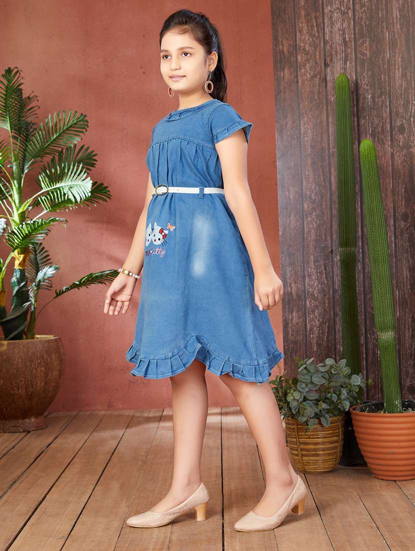 girls solid round neck denim frock - 21538470 -  Standard Image - 1