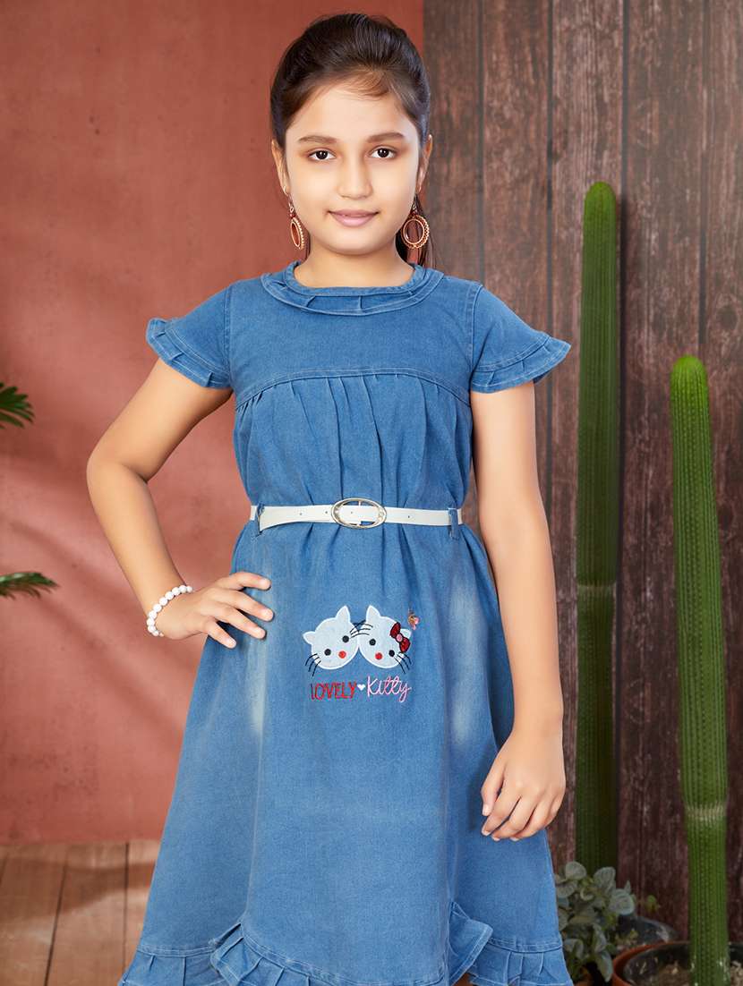 girls solid round neck denim frock - 21538470 -  Standard Image - 4