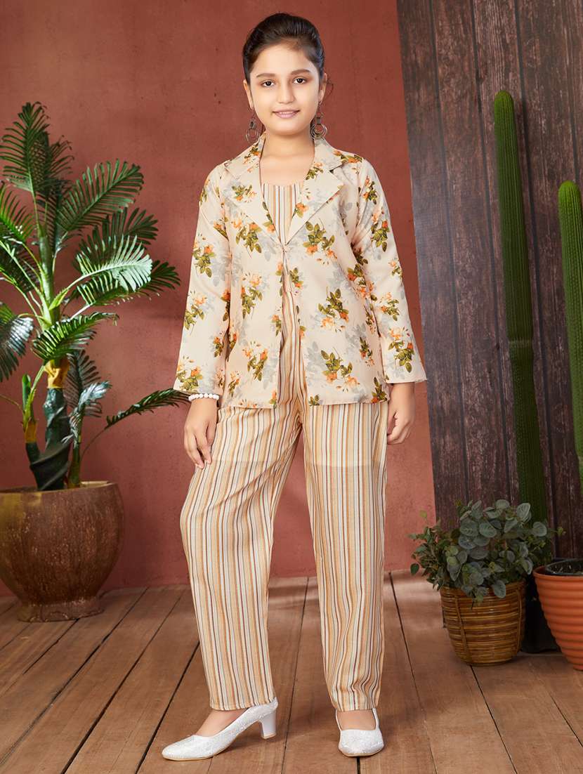 girls floral printed full length set with jacket