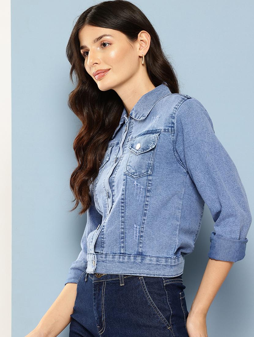 women solids denim summer jacket - 21538519 -  Standard Image - 1