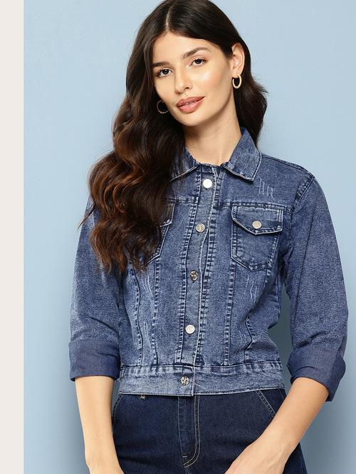 women solids denim summer jacket - 21538520 - Standard Image - 0