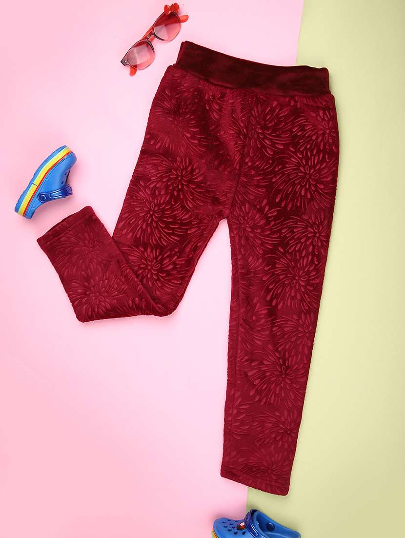 girls maroon self designed velvet legging - 21538595 -  Standard Image - 1