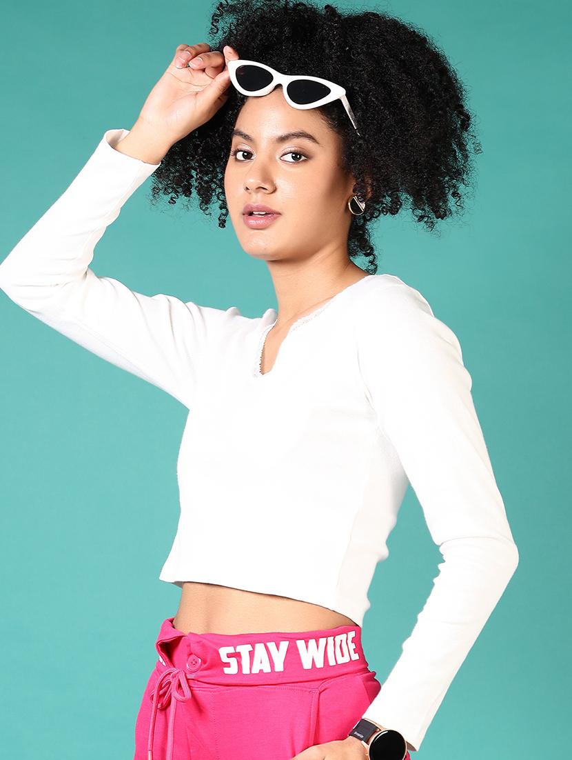 women solid v-neck crop t-shirt - 21538643 -  Standard Image - 1