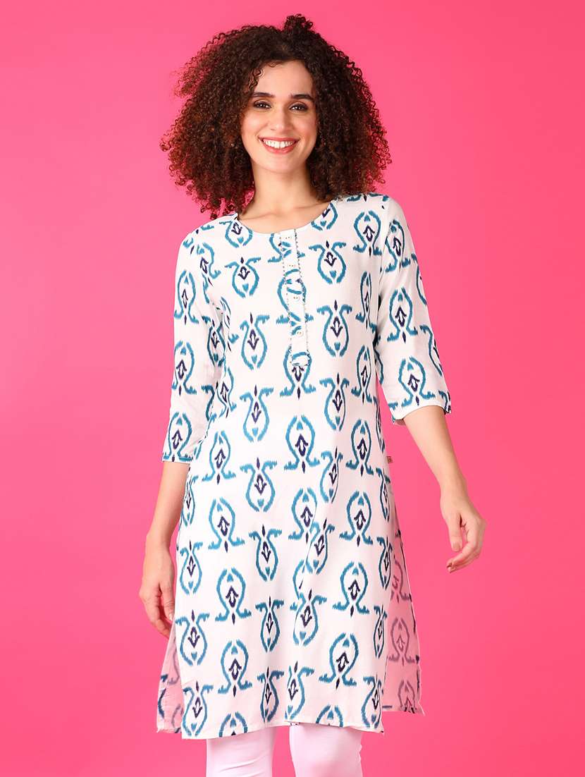 women printed three quarter sleeve straight kurta