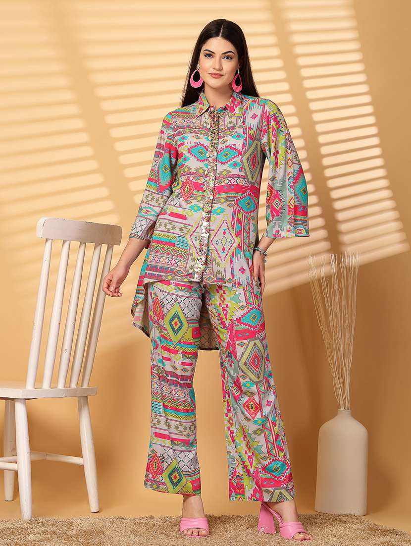 women printed sequins detailed top & palazzo co-ord set