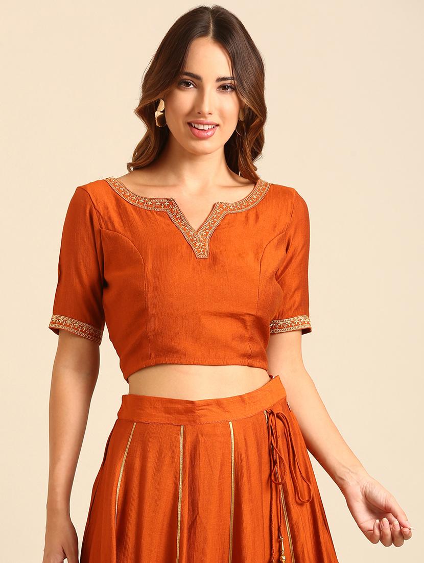 women orange notch neck stitched blouse - 21539121 -  Zoom Image - 0