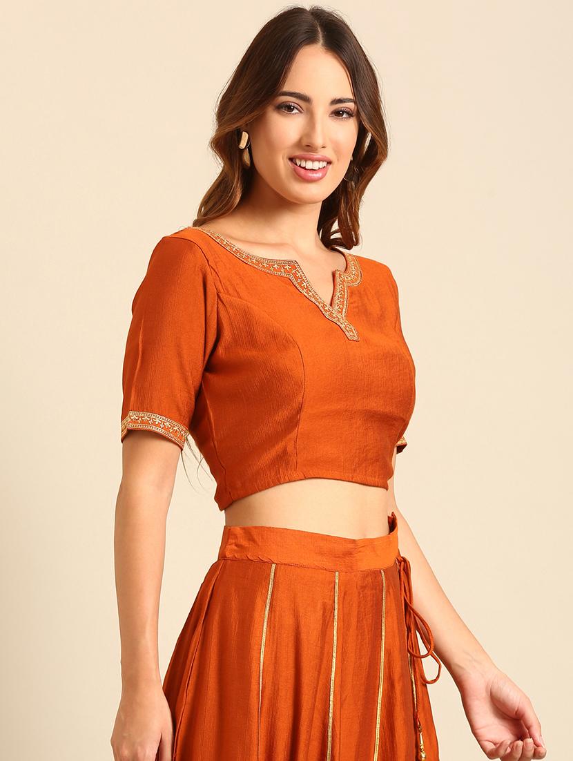 women orange notch neck stitched blouse - 21539121 -  Standard Image - 1