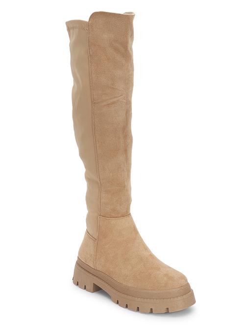 women solid beige knee length suede zipper boots - 21539160 - Standard Image - 0
