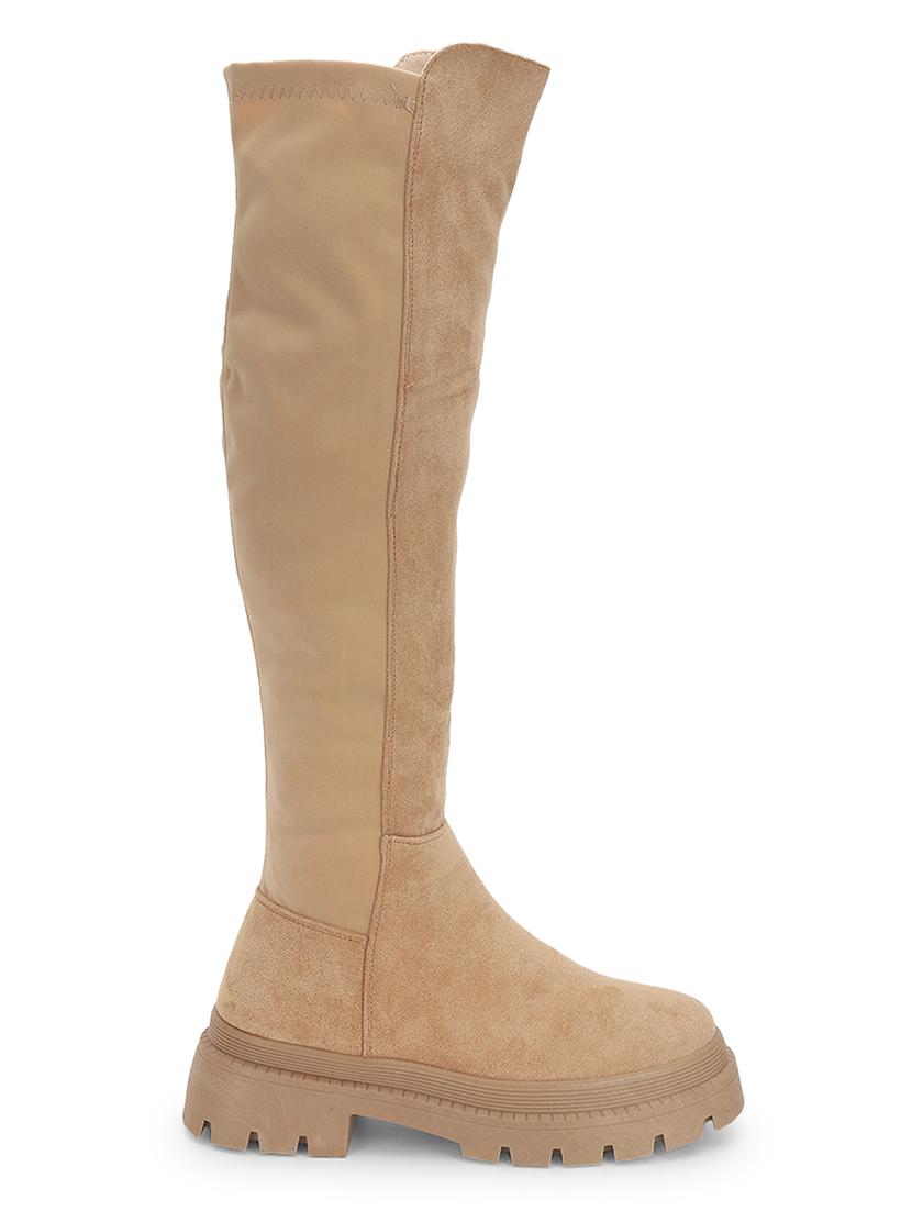 women solid beige knee length suede zipper boots - 21539160 - Standard Image - 1