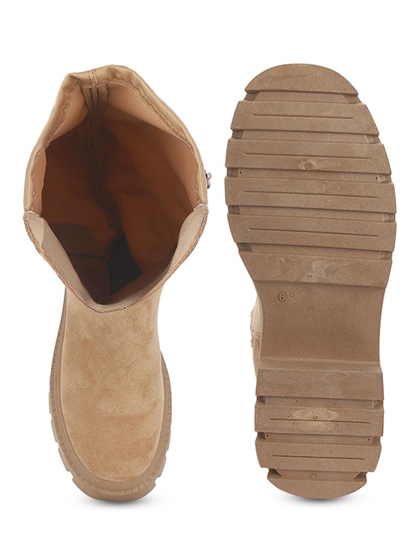 women solid beige knee length suede zipper boots - 21539160 - Standard Image - 4