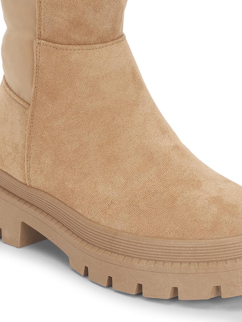 women solid beige knee length suede zipper boots - 21539160 - Standard Image - 6