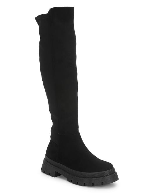 women solid black knee length suede zipper boots - 21539161 - Standard Image - 0