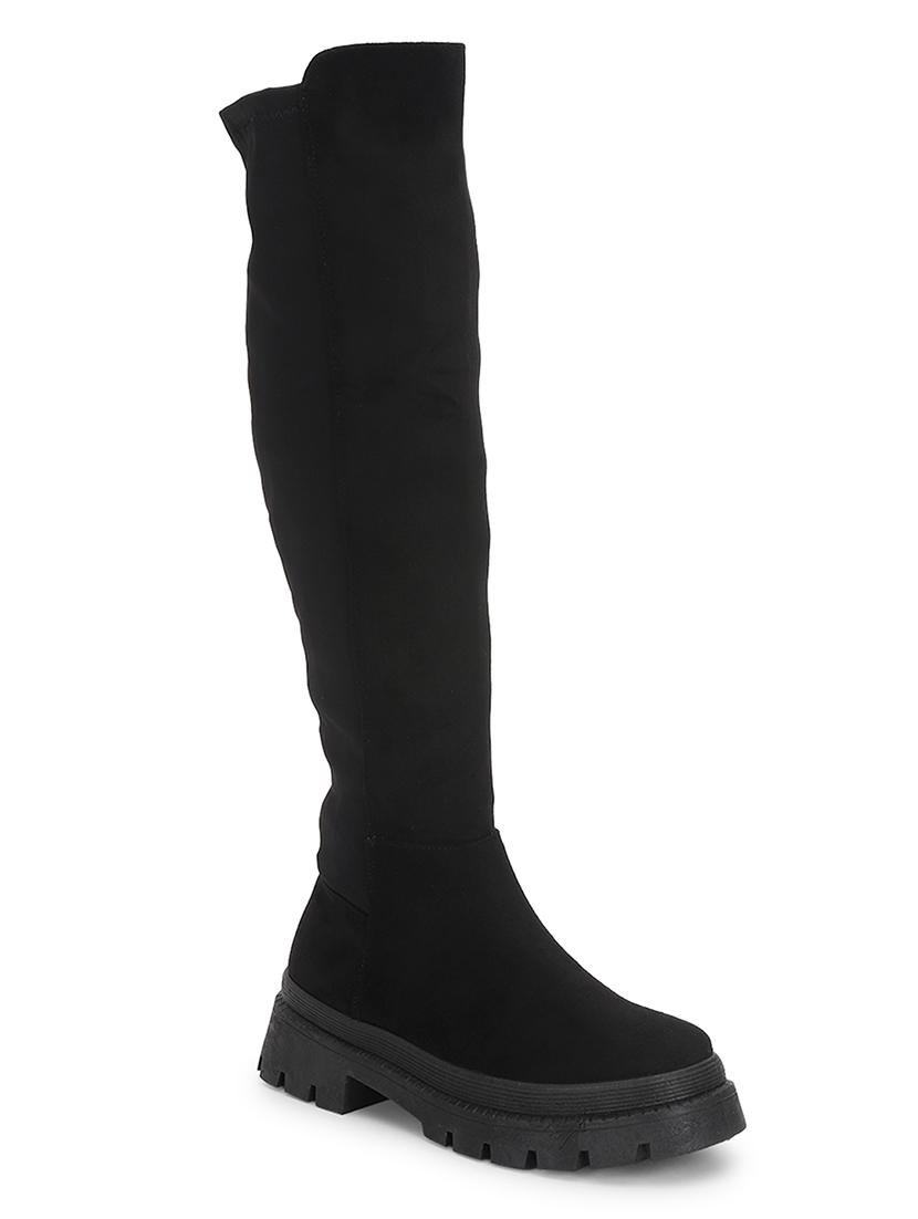 women solid black knee length suede zipper boots - 21539161 - Zoom Image - 0