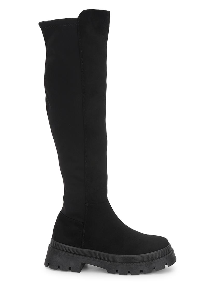 women solid black knee length suede zipper boots - 21539161 - Standard Image - 1