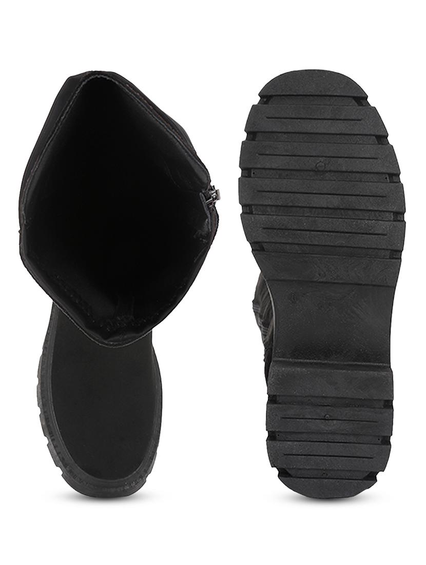women solid black knee length suede zipper boots - 21539161 - Standard Image - 4