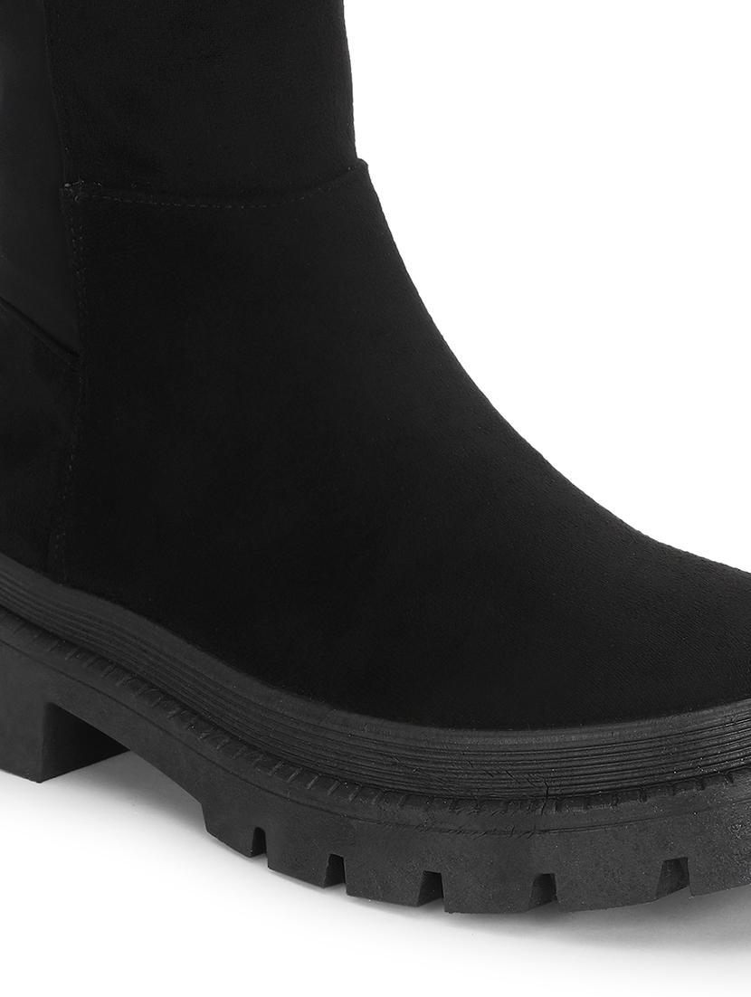 women solid black knee length suede zipper boots - 21539161 - Standard Image - 6