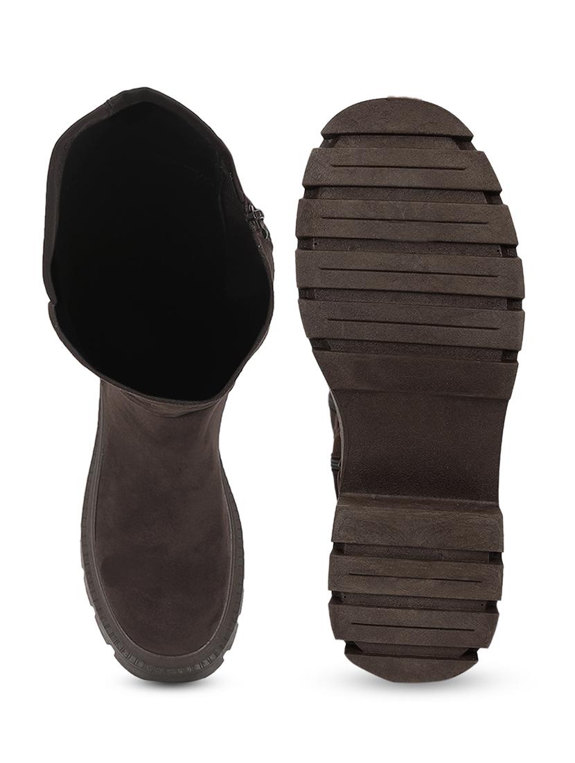 women solid brown knee length suede zipper boots - 21539162 - Standard Image - 4