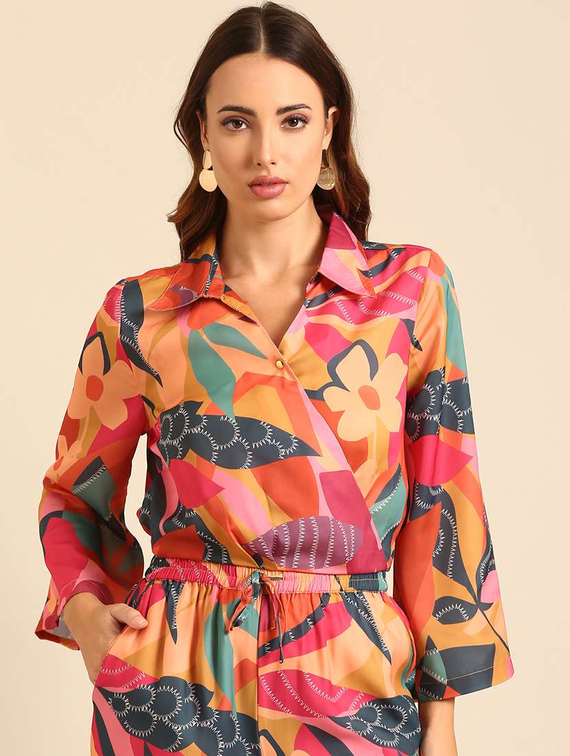 women printed collared full leg jumpsuit