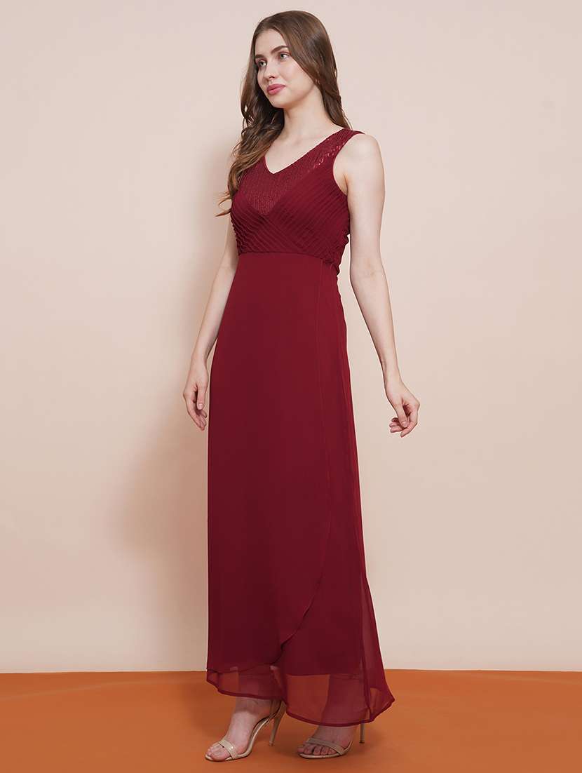 globus women maroon v-neck sequinned pintuck fit & flare maxi party dress - 21540015 - Standard Image - 1