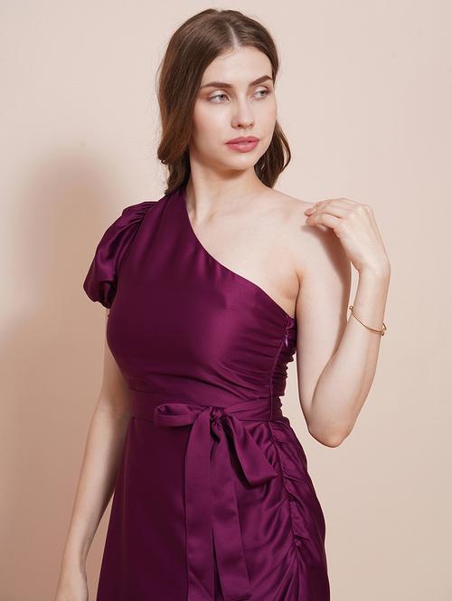 globus women purple one shoulder puff sleeves waist tie-up side ruched sheath party dress - 21540019 -  Standard Image - 0
