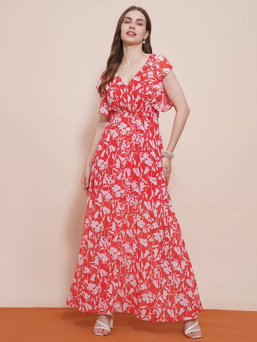 globus women red wrap neck strappy flutter sleeves floral printed front slit fit & flare maxi dress