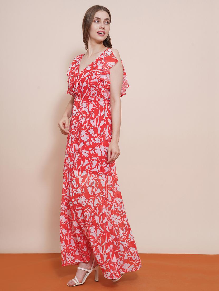 globus women red wrap neck strappy flutter sleeves floral printed front slit fit & flare maxi dress - 21540022 - Standard Image - 1