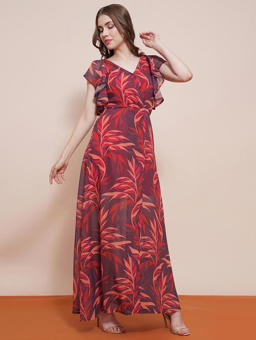globus women brown wrap neck strappy flutter sleeves tropical printed front slit fit & flare maxi party dress - 21540023 -  Standard Image - 0