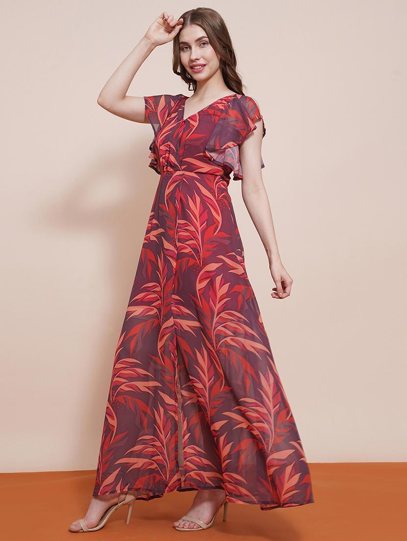 globus women brown wrap neck strappy flutter sleeves tropical printed front slit fit & flare maxi party dress - 21540023 - Standard Image - 1