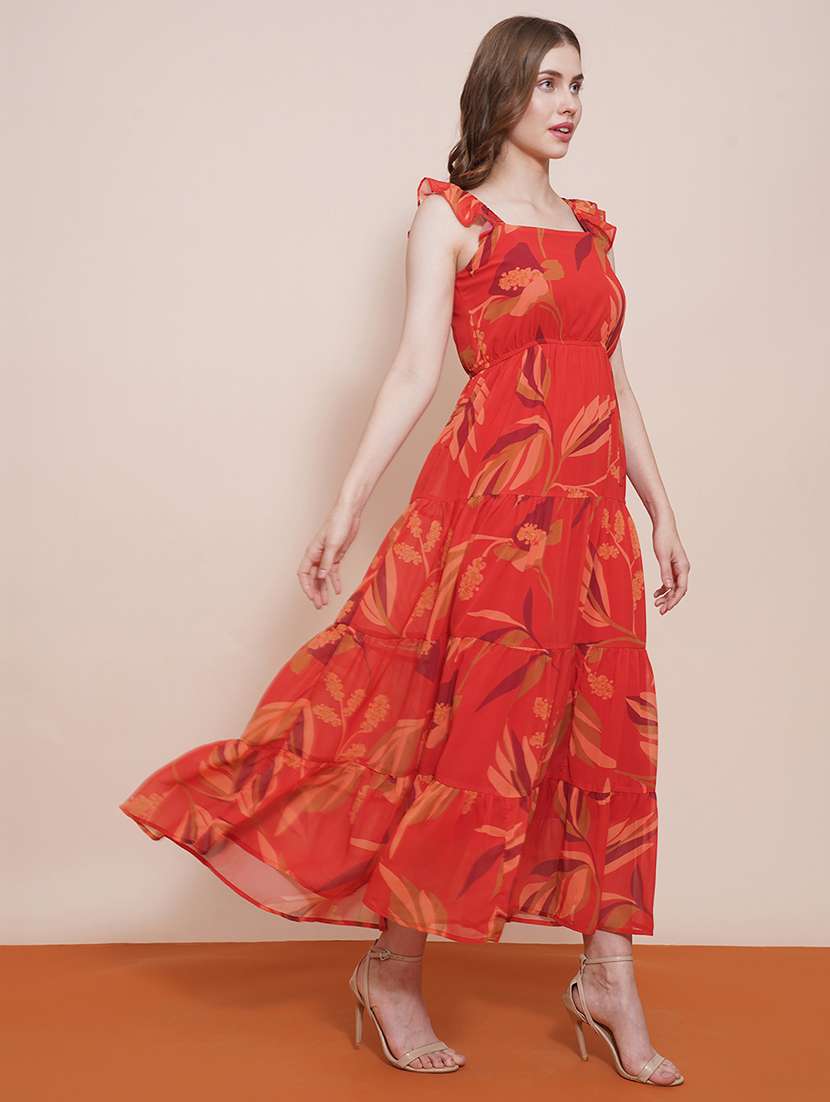 globus women rust square neck flutter sleeves tropical printed tiered fit & flare maxi dress - 21540024 -  Standard Image - 1