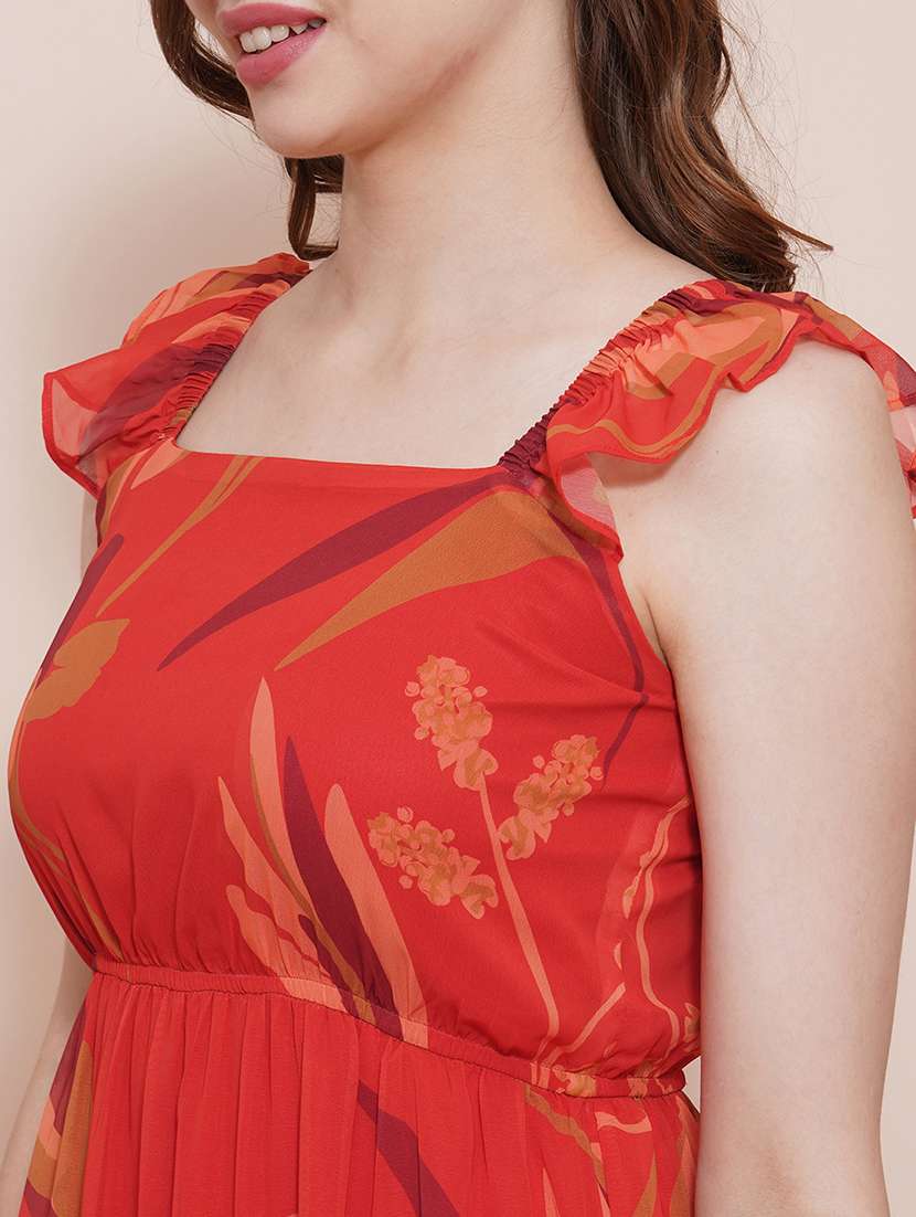 globus women rust square neck flutter sleeves tropical printed tiered fit & flare maxi dress - 21540024 -  Standard Image - 4