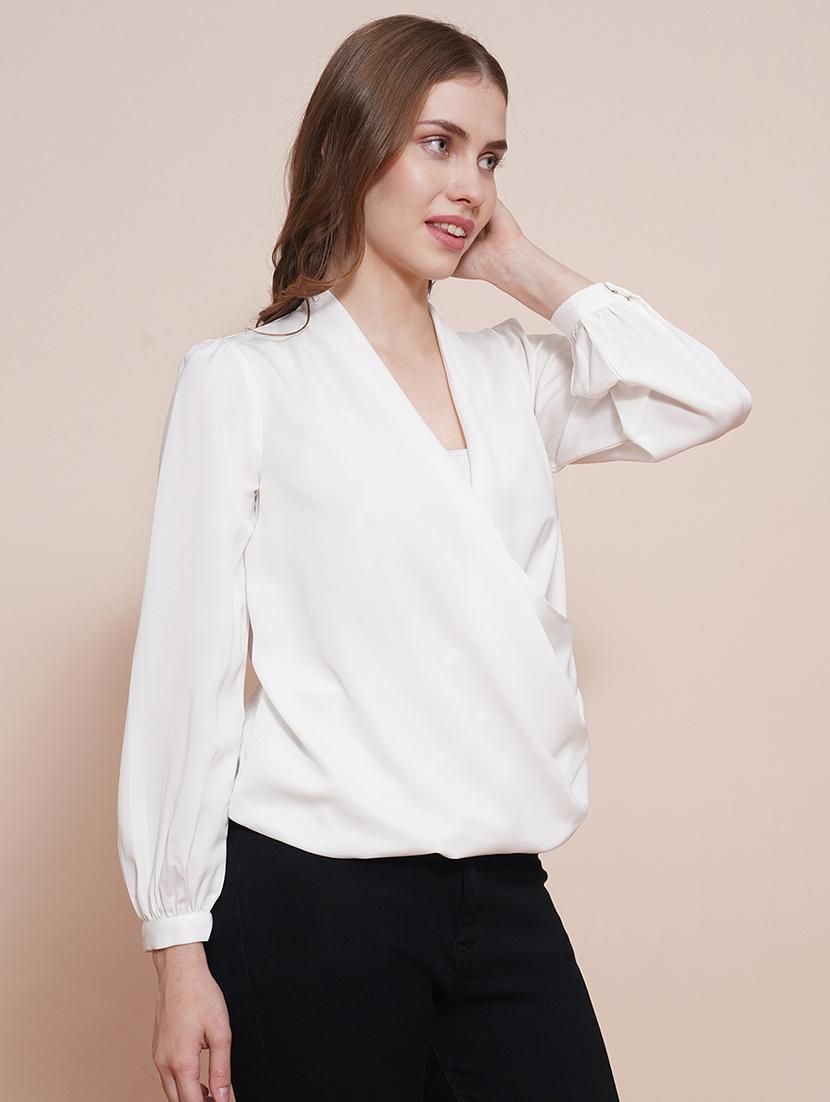 globus women white solid wrap neck cuffed sleeves gathered waist satin workwear top - 21540026 -  Standard Image - 1