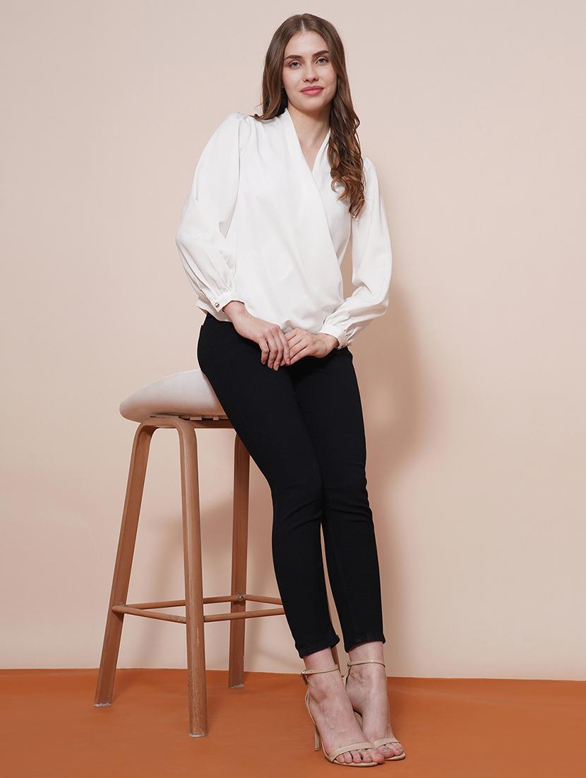 globus women white solid wrap neck cuffed sleeves gathered waist satin workwear top - 21540026 - Standard Image - 4