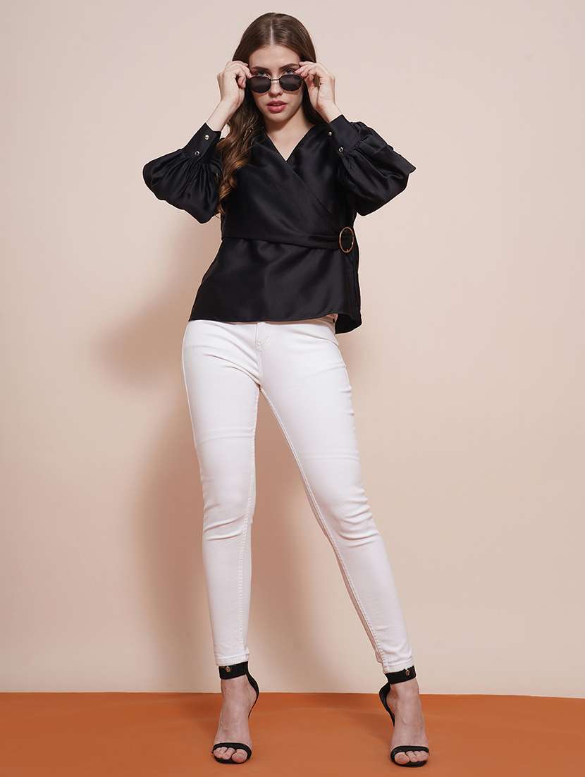 globus women black wrap neck cuffed sleeves buckle detail satin workwear top - 21540027 -  Standard Image - 4