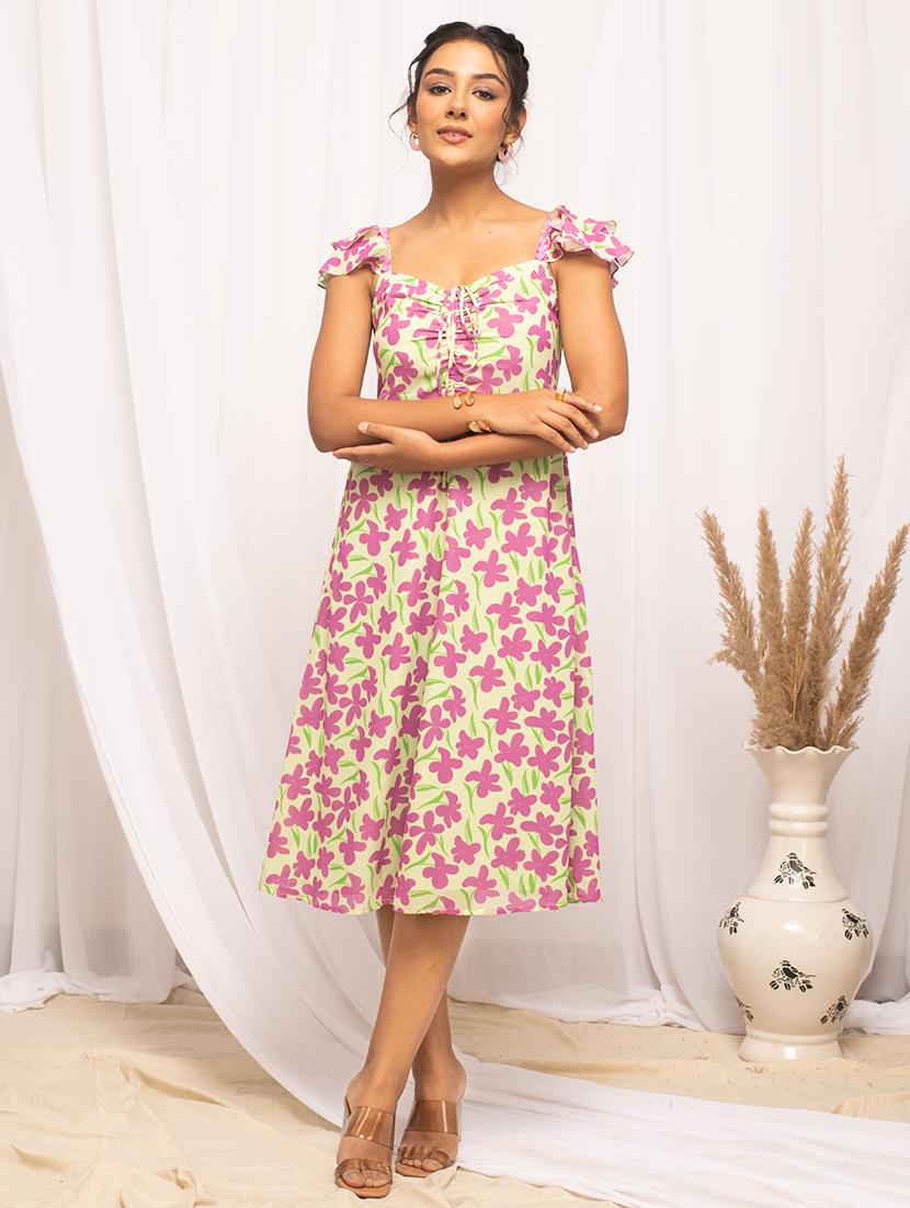 women floral printed sweetheart neck a-line dress